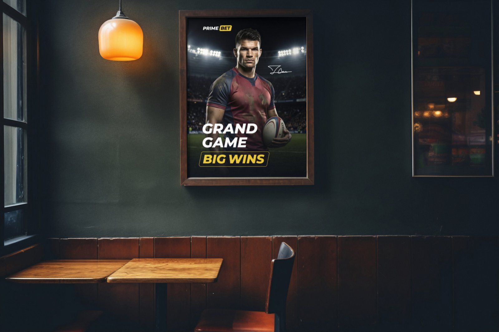 Prime Bet rugby banner displayed in a restaurant