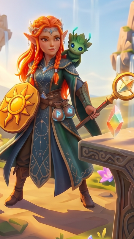 Fantasy heroine with a shield, staff, and magical companion