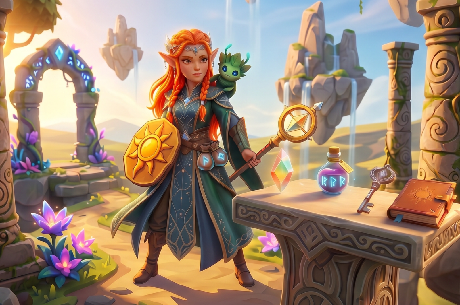 Fantasy heroine and magical companion in an enchanted world