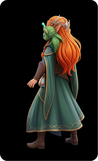 Rear three-quarter view exploration of the fantasy heroine