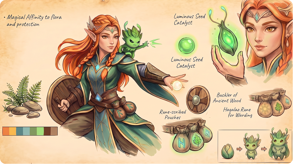 Character concept board showing costume, companion, props, and color palette