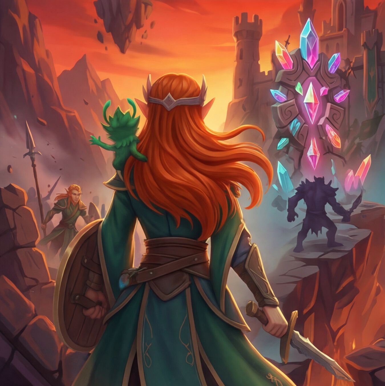 Heroine facing a crystal gateway in a dramatic fantasy environment
