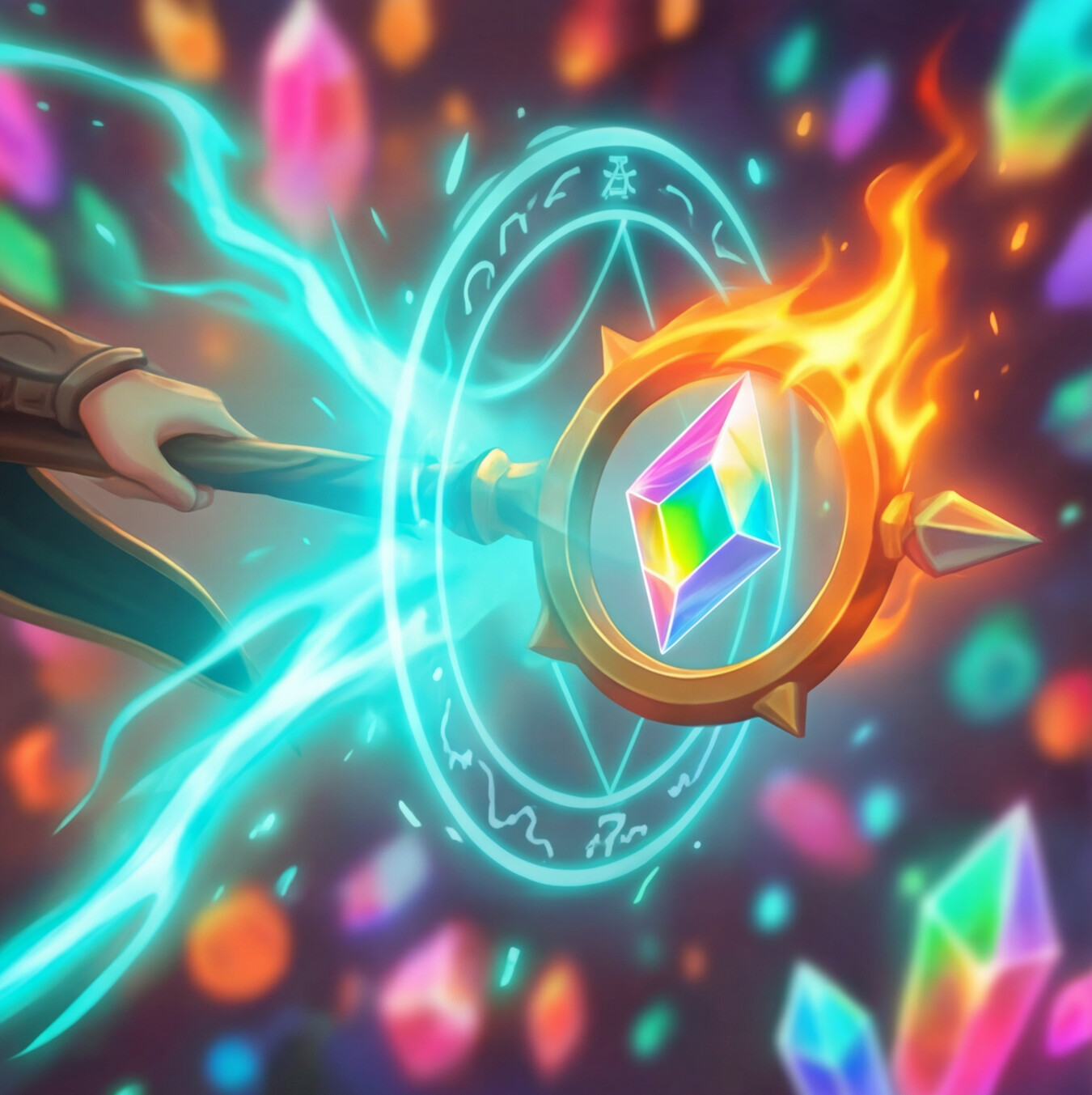Elemental magical staff and crystal detail