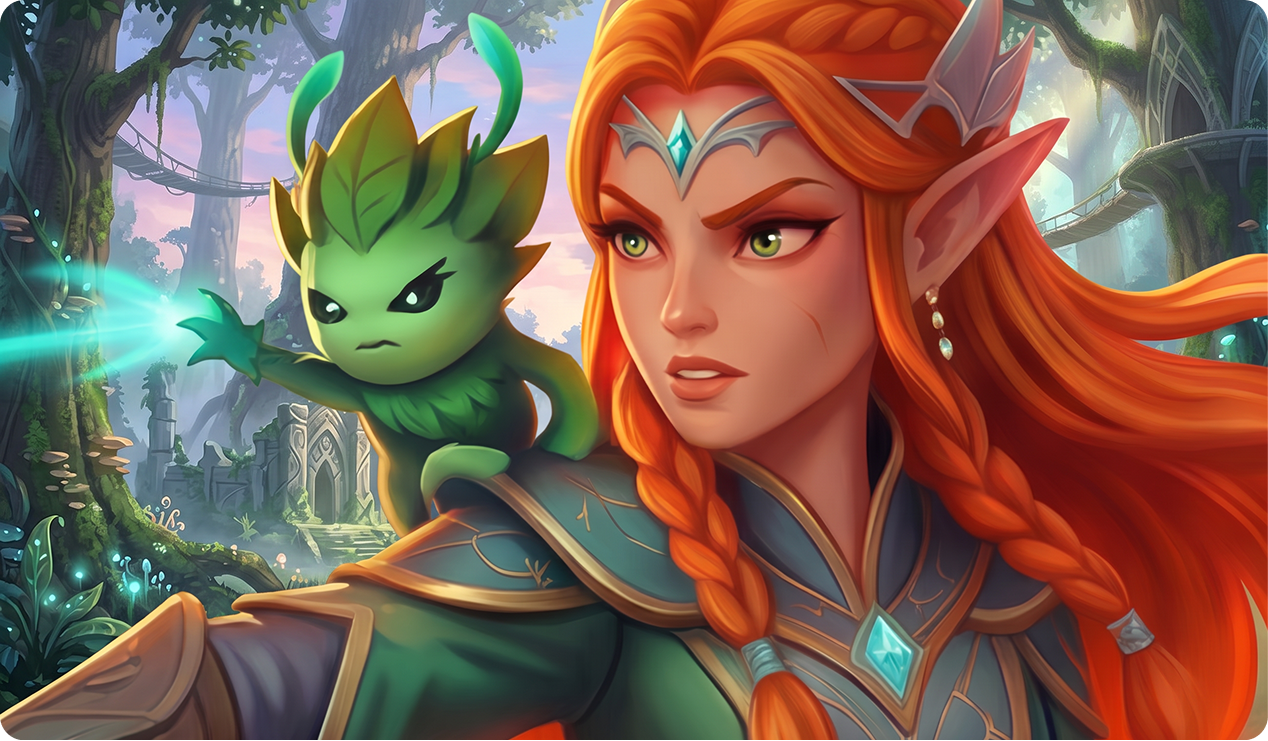 Close-up story moment with the heroine and her magical companion