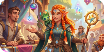 Fantasy heroine interacting with characters in a market
