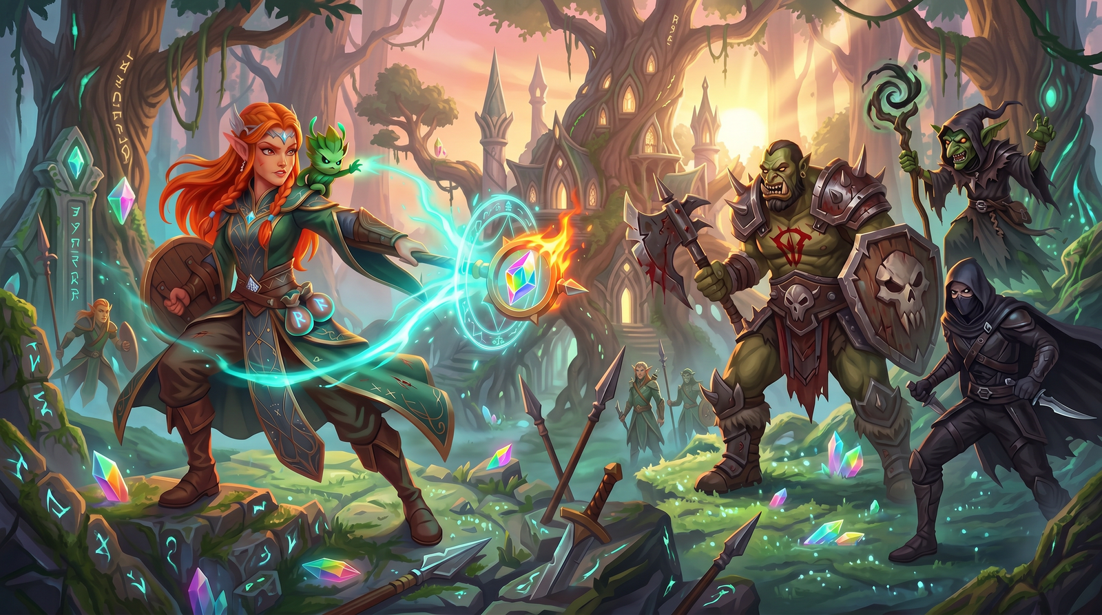 Fantasy heroine confronting enemies in an enchanted forest