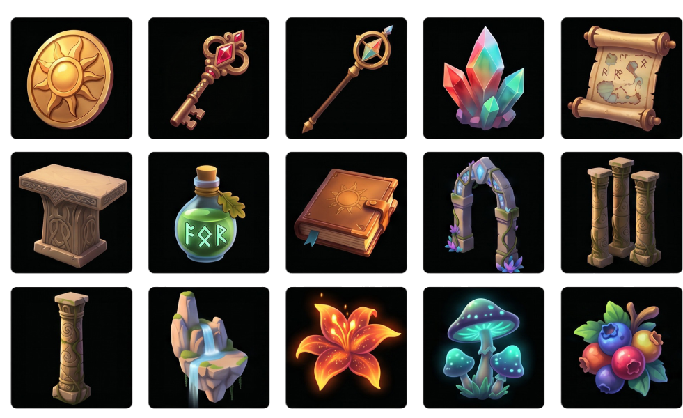 Concept directions for keys, crystals, books, plants, ruins, and other world objects