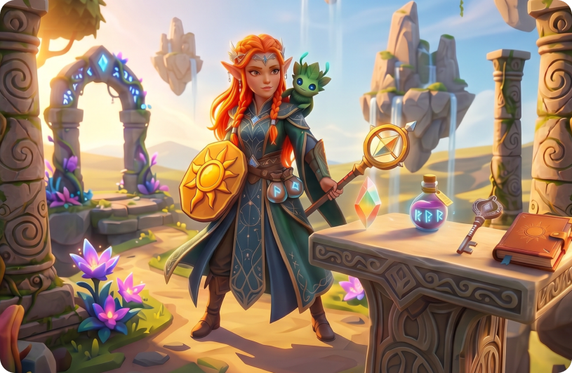 Daylight concept scene with the heroine, companion, and magical objects