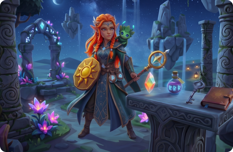 Night concept scene with the heroine, companion, and magical objects