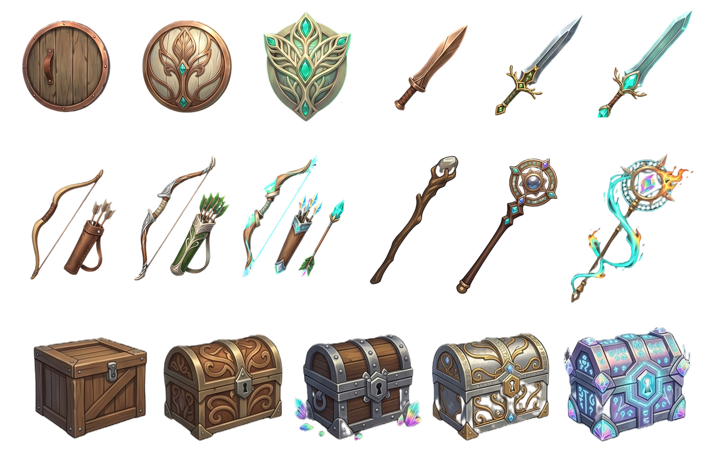 Concept directions for shields, weapons, staffs, bows, crates, and treasure chests