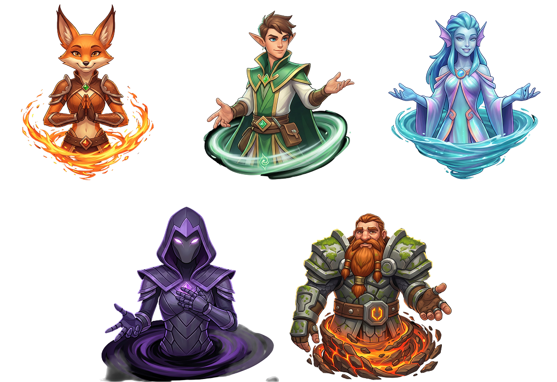 Five elemental character concepts presented as selector artwork