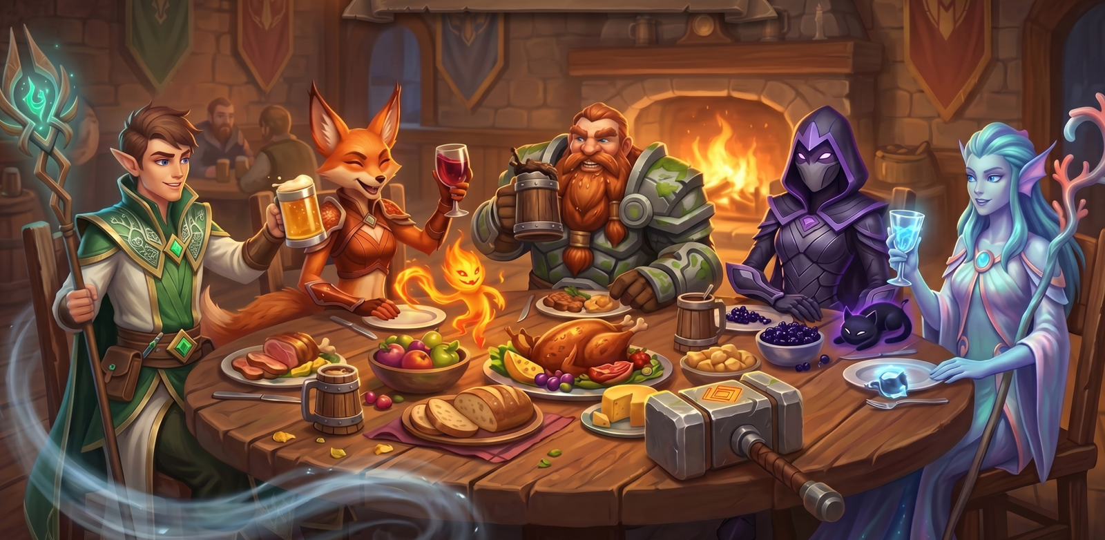 Five fantasy character concepts gathered around a tavern table