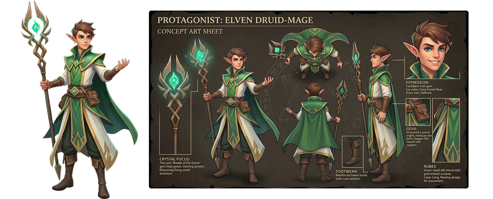 AI-assisted concept sheet for an elven druid mage