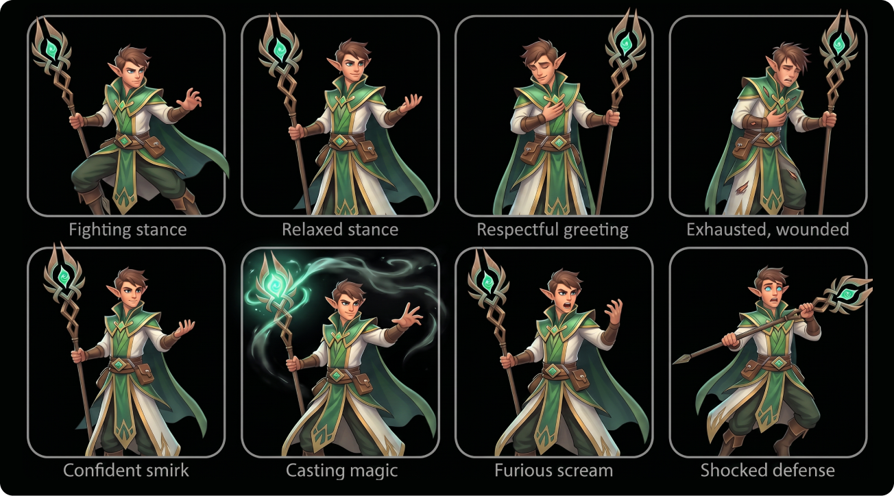 Expression, pose, and action studies for the elven mage concept