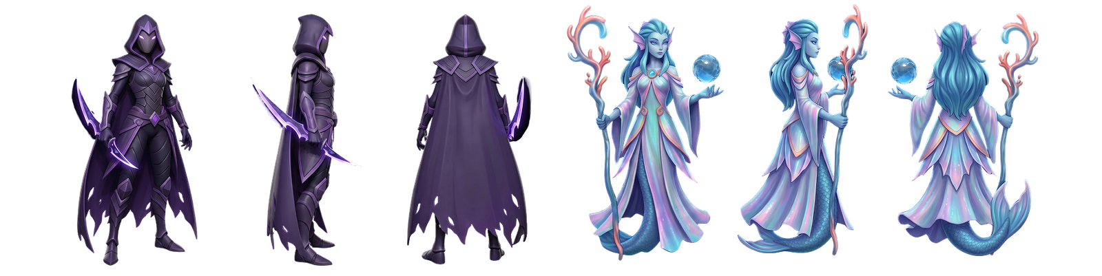 Reference views for the shadow assassin and merfolk ocean mage concepts