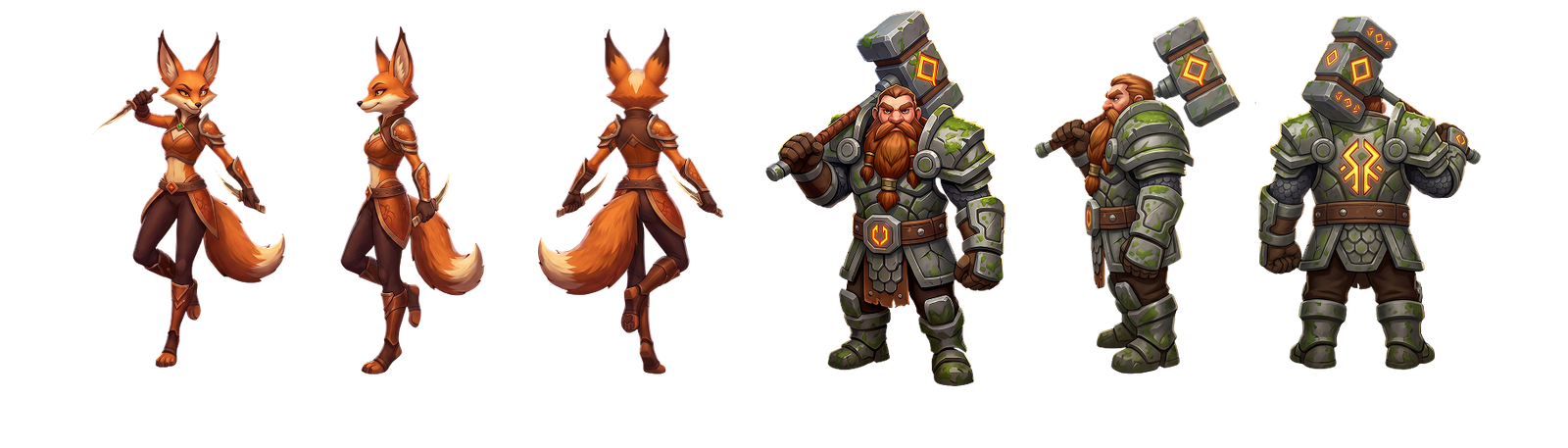 Reference views for the fox flame dancer and dwarven paladin concepts