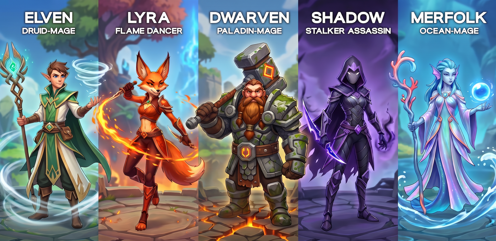 Five fantasy character archetypes with elemental identities