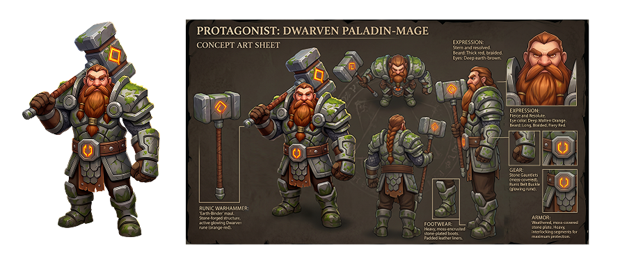 AI-assisted concept sheet for a dwarven paladin mage