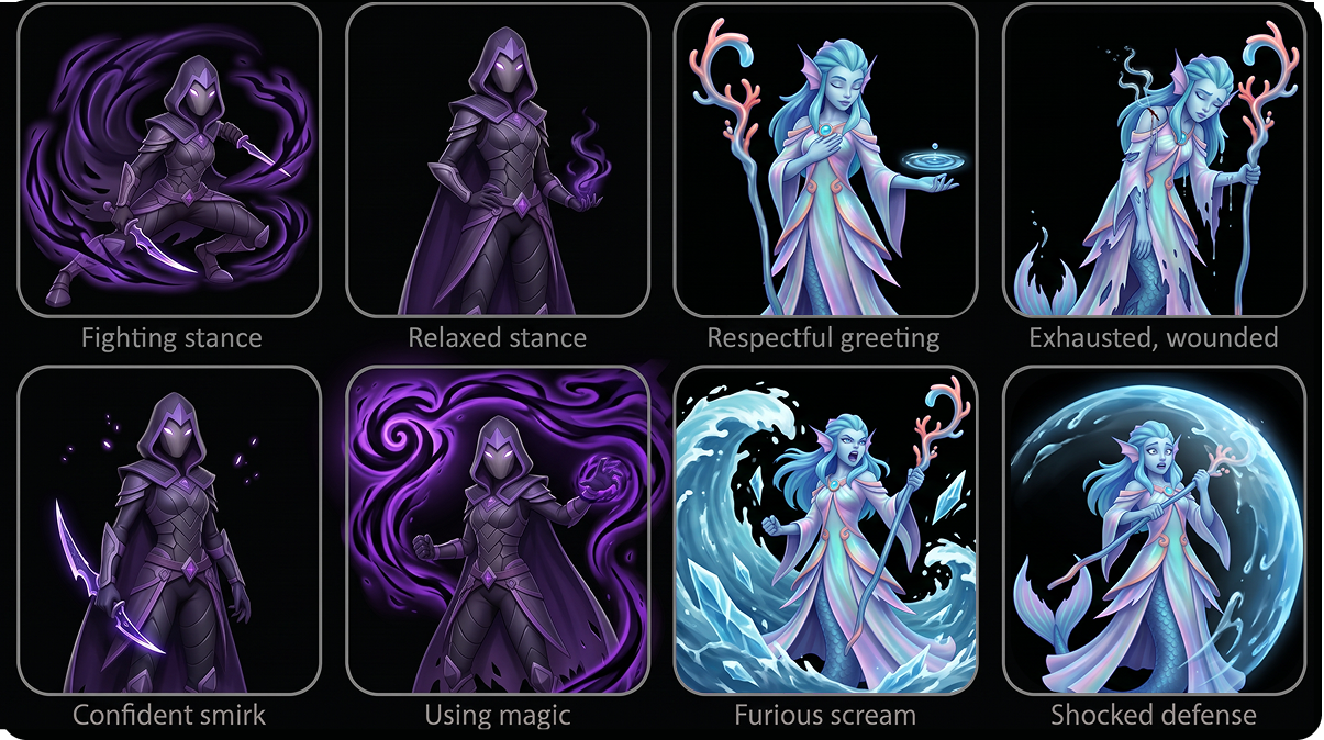 Expression and action studies for the shadow assassin and ocean mage concepts