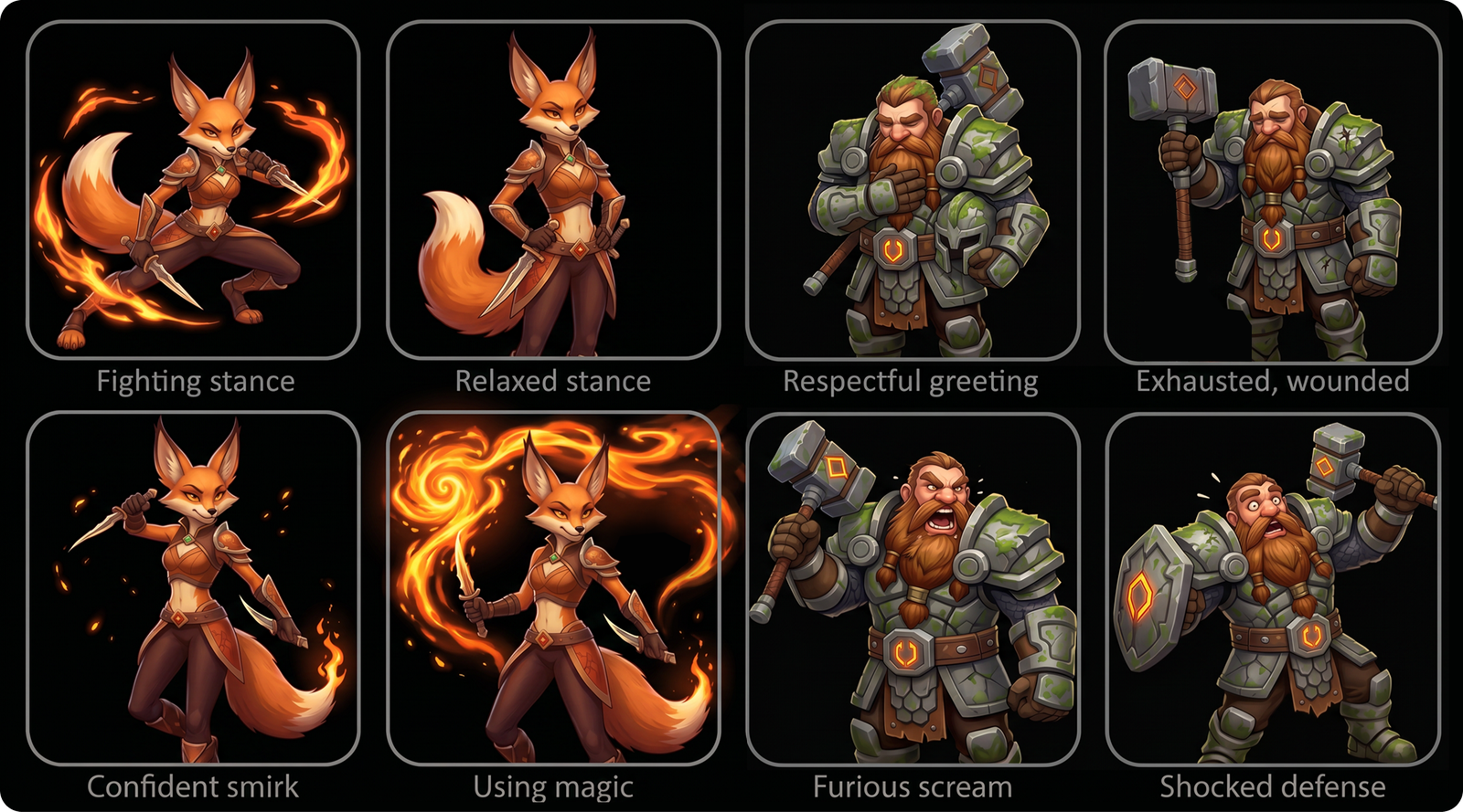 Expression and action studies for the fox and dwarf character concepts