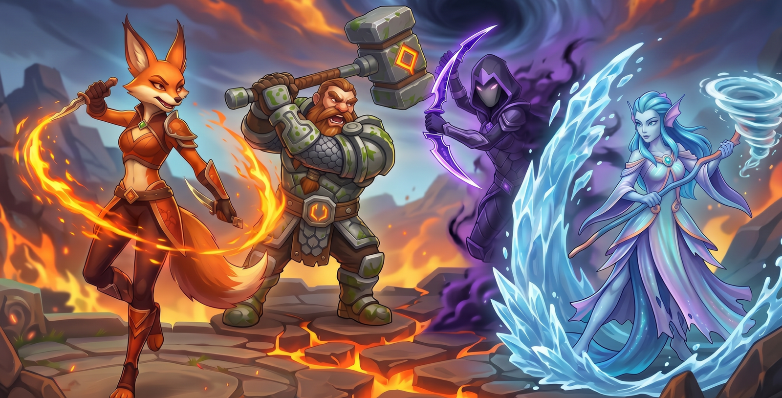 Four elemental fantasy character concepts in a battle scene