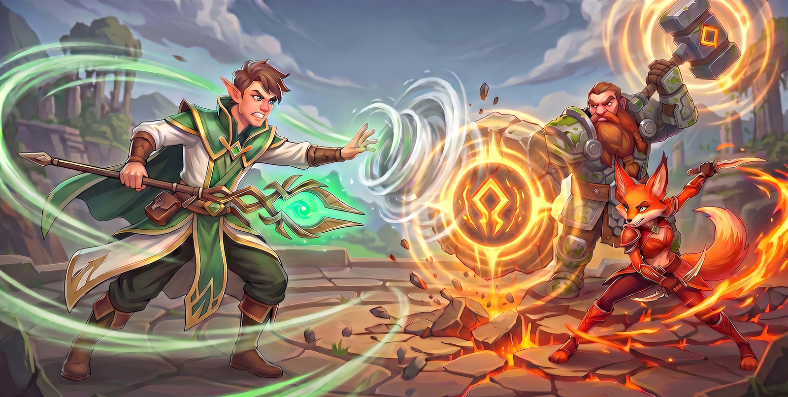 Elven mage battling a dwarven paladin and fox flame dancer