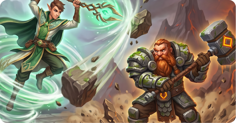 Elven mage and dwarven paladin combat concept
