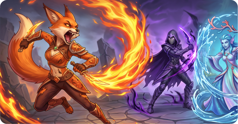 Fox flame dancer, shadow assassin, and ocean mage combat concept