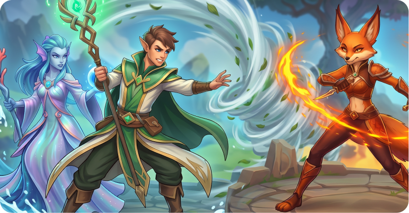 Ocean mage, elven mage, and fox flame dancer combat concept