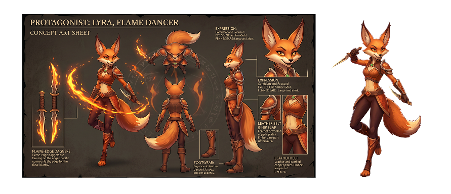 AI-assisted concept sheet for a fox flame dancer
