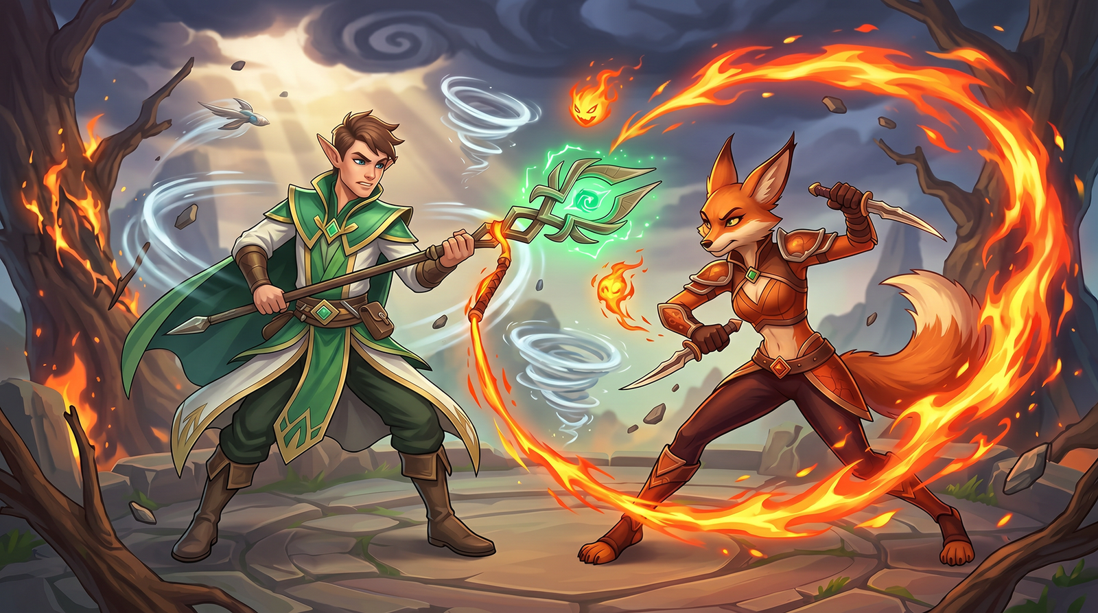 Elven wind mage and fox flame dancer in a fantasy battle scene