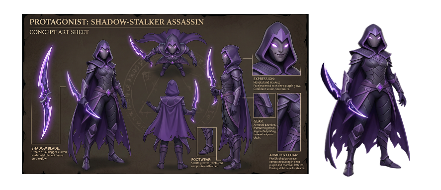 AI-assisted concept sheet for a shadow assassin