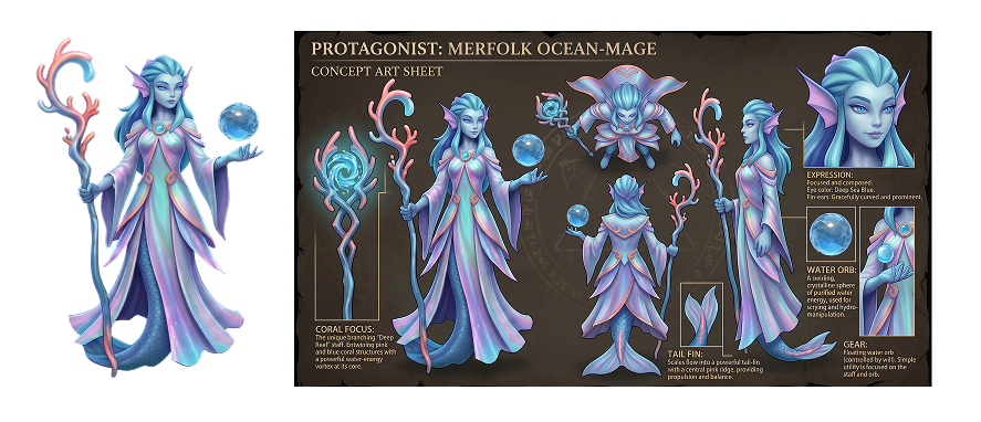 AI-assisted concept sheet for a merfolk ocean mage
