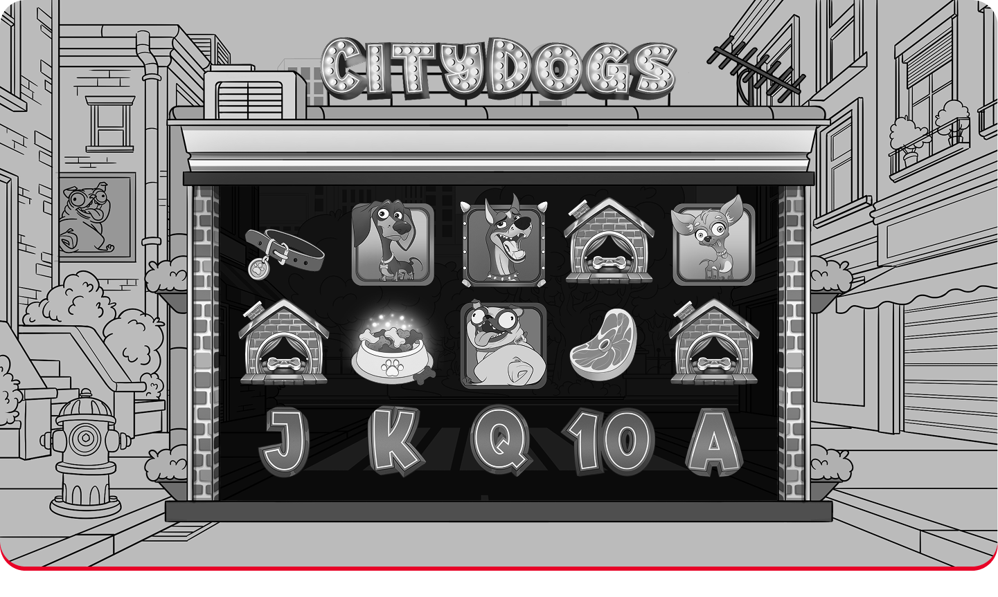 Black and white concept sketch of the CityDogs slot game