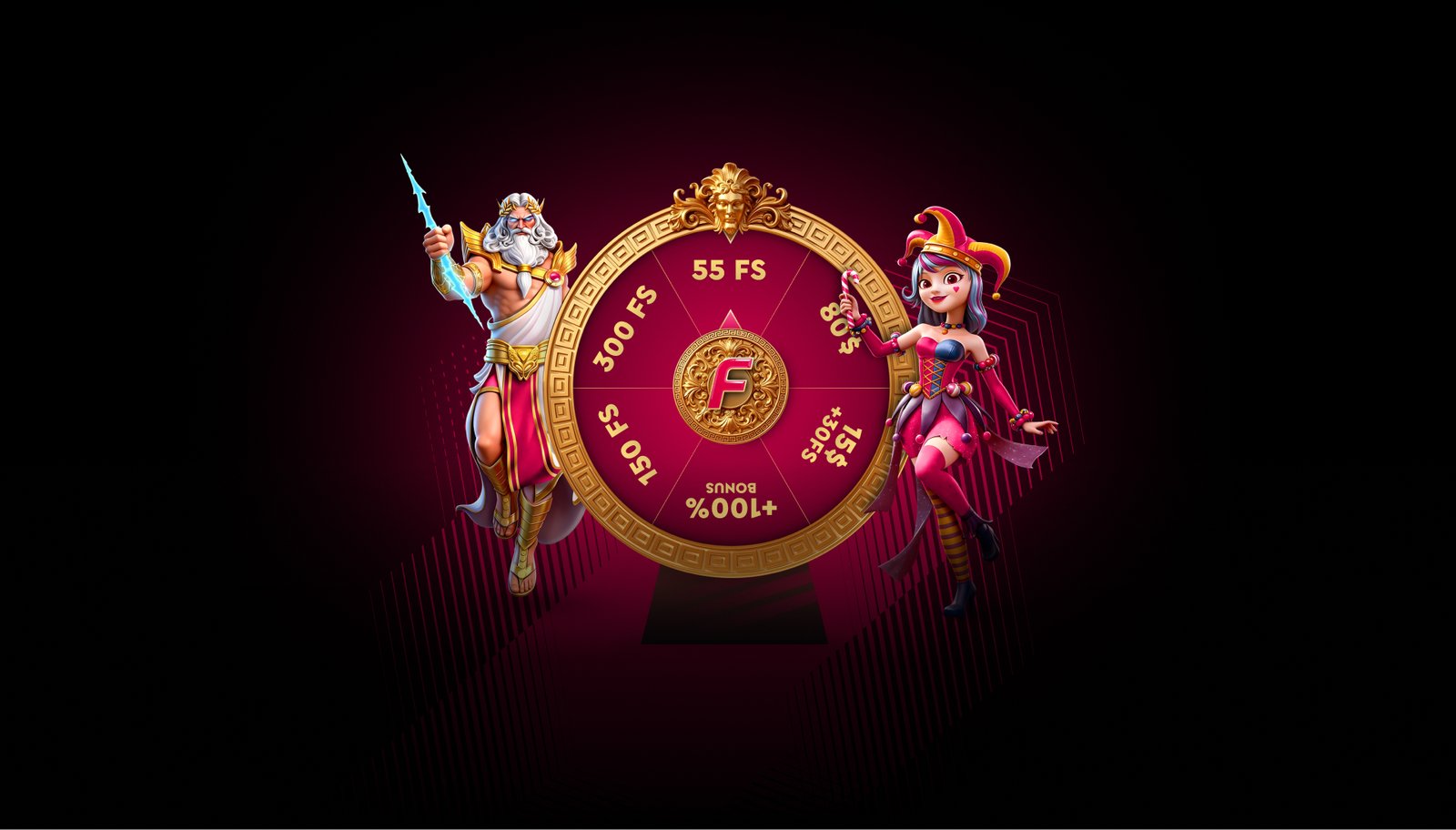 FBet prize wheel with Zeus and a jester character