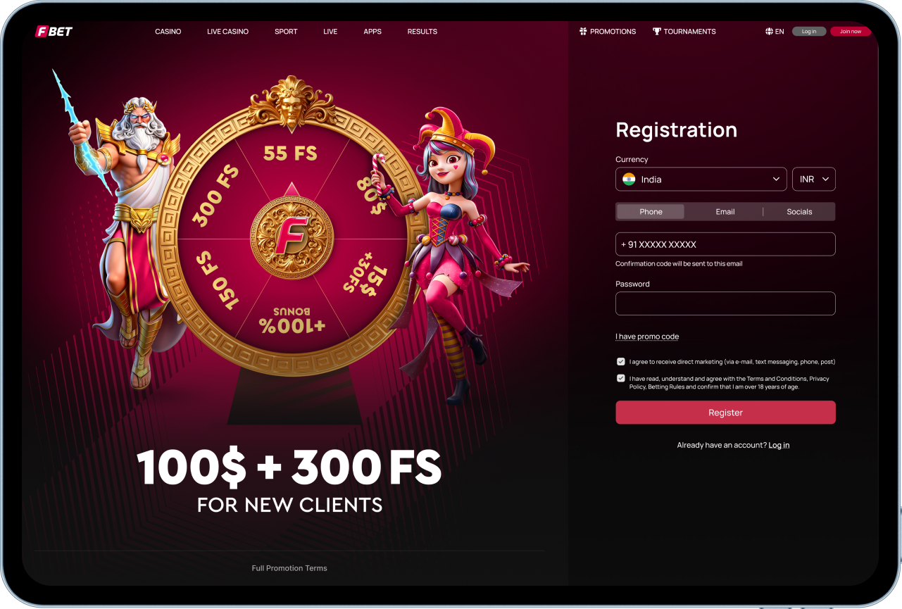FBet desktop registration landing page with a prize wheel
