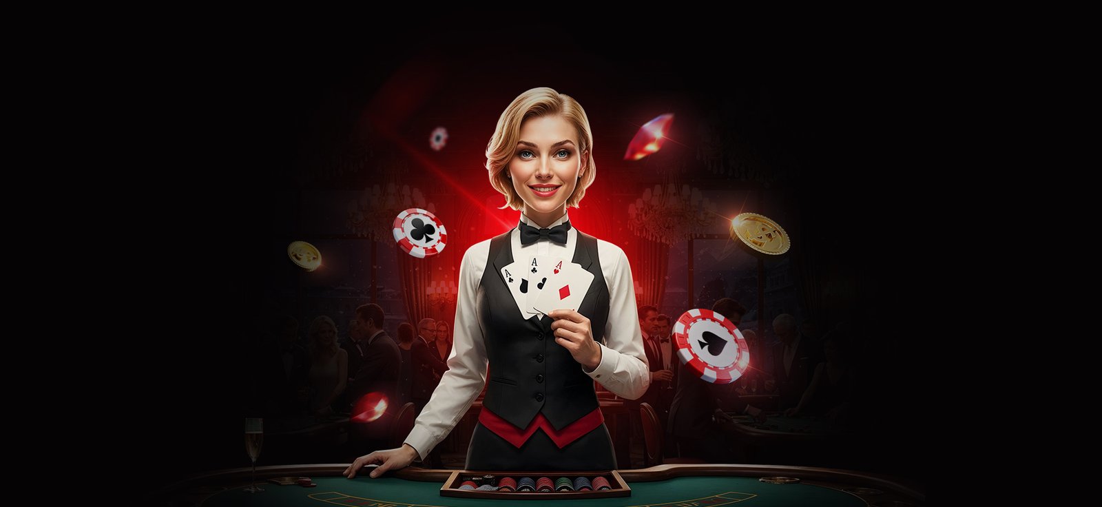 FoxyBet casino banner campaign hero with a card dealer