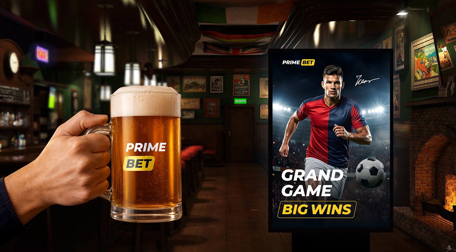Prime Bet football banner and branded beer activation