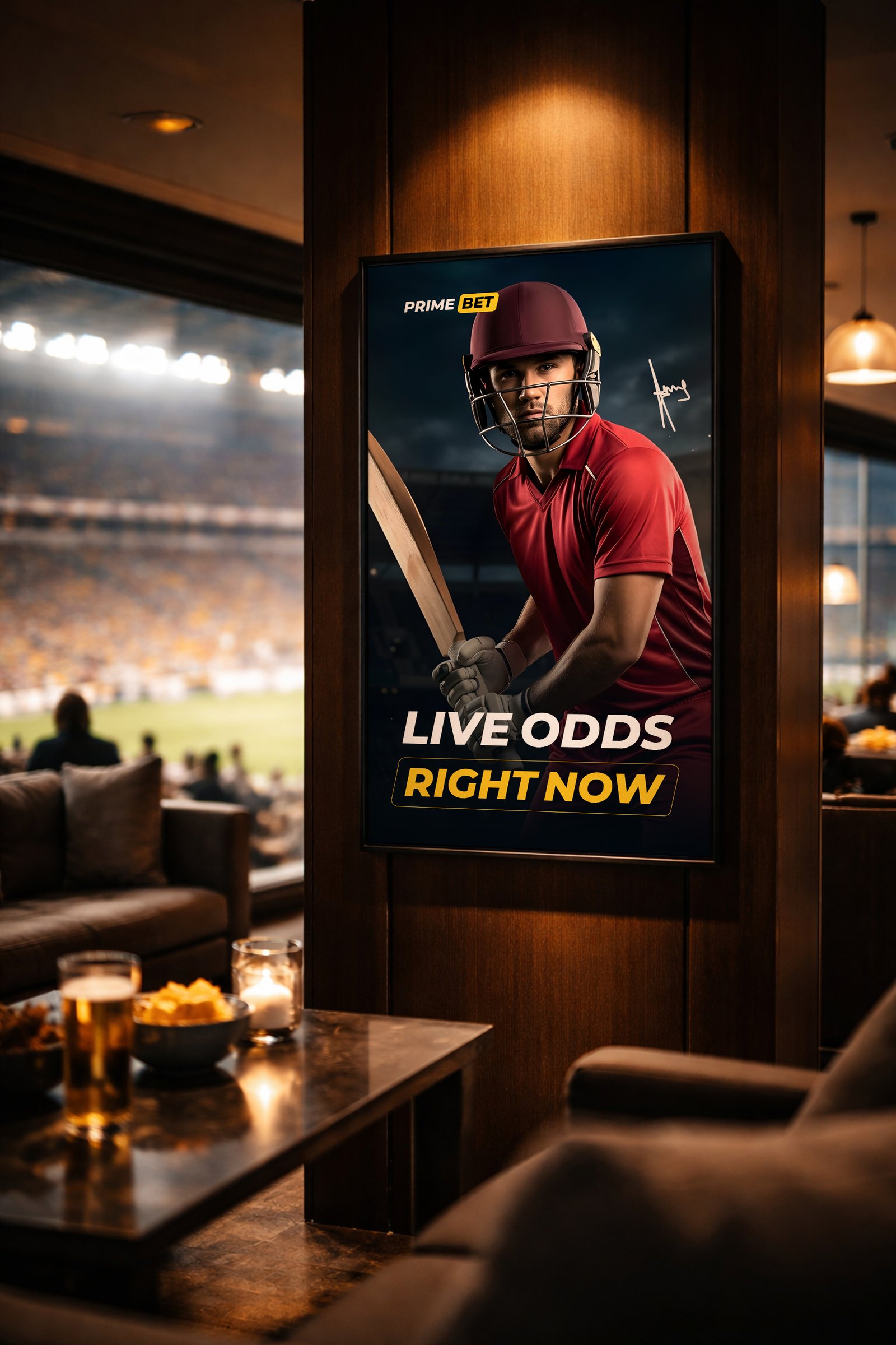 Prime Bet cricket banner displayed in a sports bar