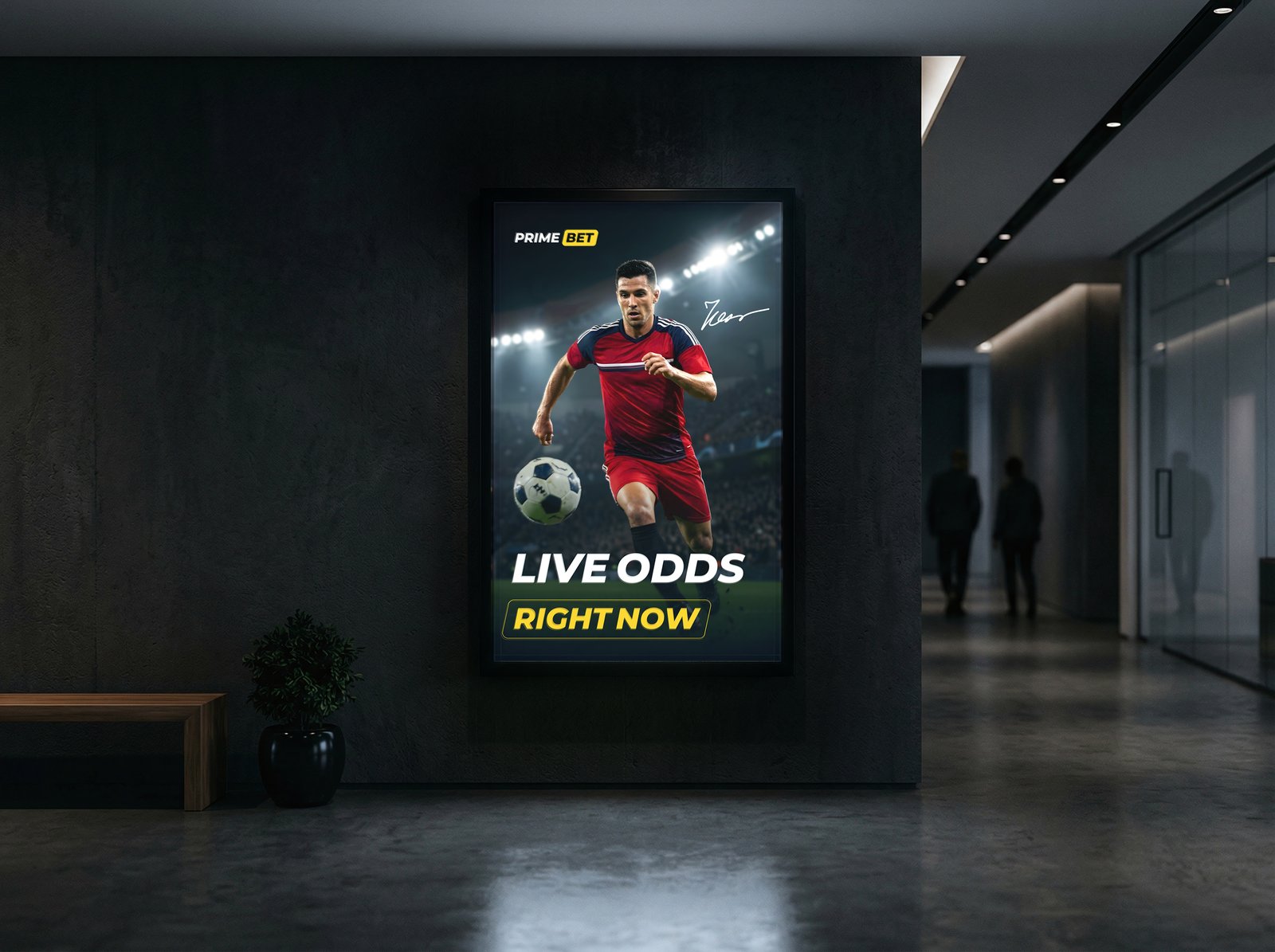 Prime Bet football banner displayed in an office