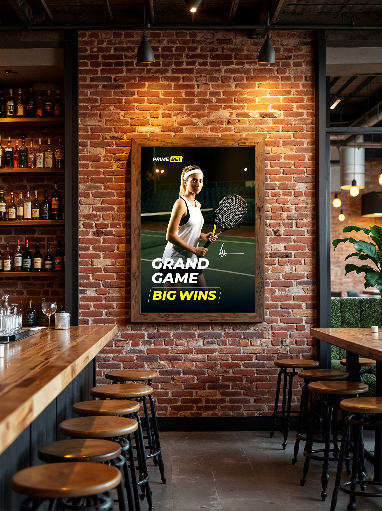 Prime Bet tennis banner displayed in a bar
