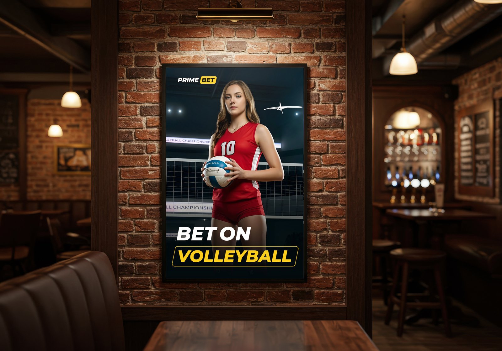 Prime Bet volleyball banner displayed in a bar