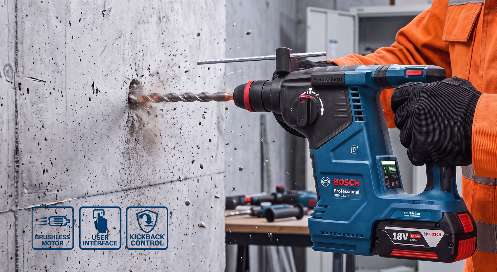 Professional rotary hammer shown in a real work context